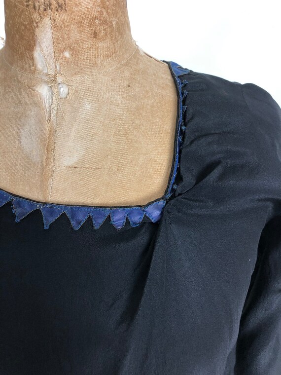 1920s Black Silk Blouse with Blue Leather Appliqu… - image 8
