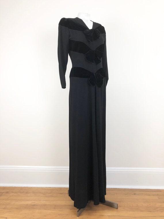 Glamorous 1940's Black Velvet Tiered Bow Maxi Dress S