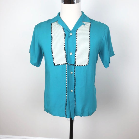 1950s Turquoise Rayon Short Sleeve Loop Collar Sh… - image 2