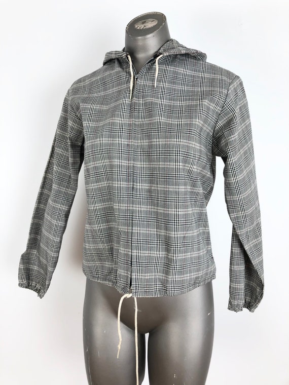 1950’s Grey Plaid Cotton Hooded Jacket S - image 2