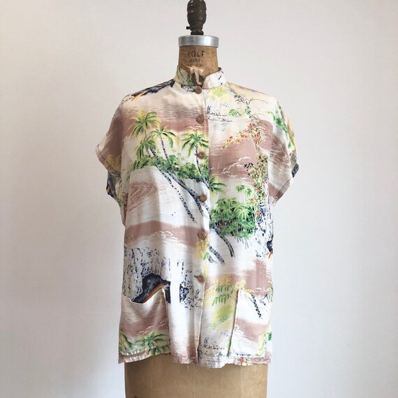 1950s Kahana Hawaiian Rayon Sleeveless Blouse M