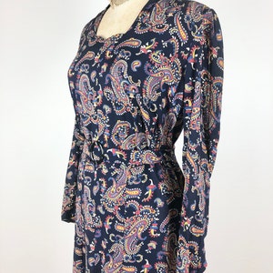 1930s Navy Blue Paisley Cotton Belted Dress M image 2