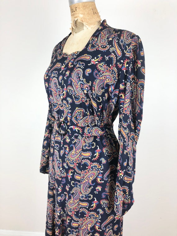 1930s Navy Blue Paisley Cotton Belted Dress M - image 2