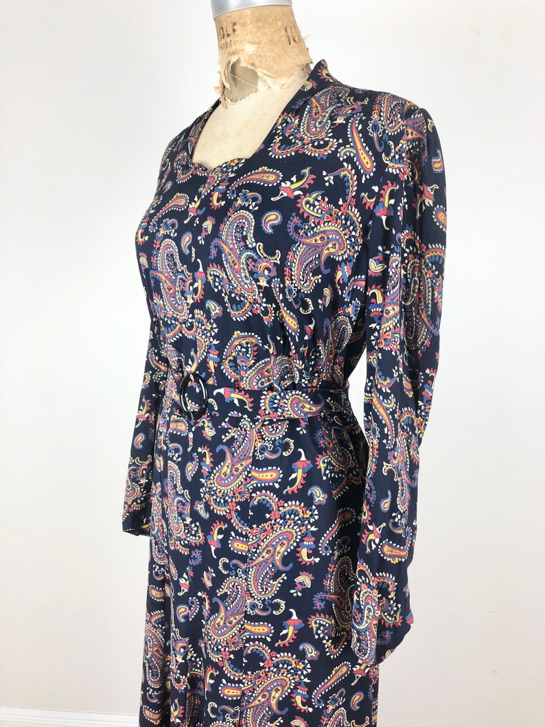 1930s Navy Blue Paisley Cotton Belted Dress M image 2