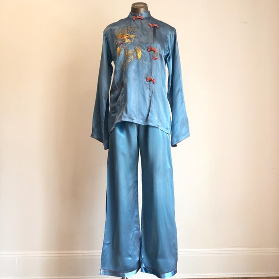 1940s Blue Satin Embroidered Dragon Pajama Set M - image 2
