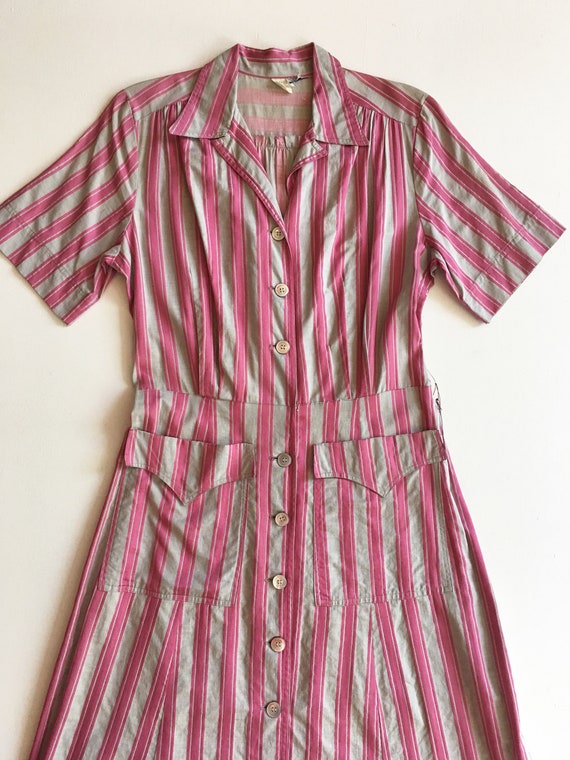 Sweet 1940s Pink and Grey Striped Cotton Shirt Dr… - image 3