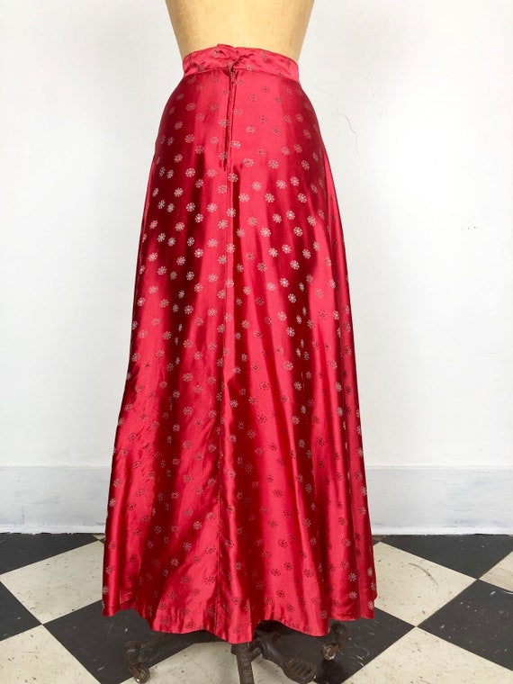 60s Red Brocade Satin Full Maxi Skirt S - image 5