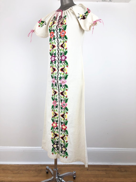 1970s Mexican Embroidered White Cotton Maxi Dress S