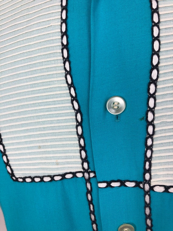 1950s Turquoise Rayon Short Sleeve Loop Collar Sh… - image 6