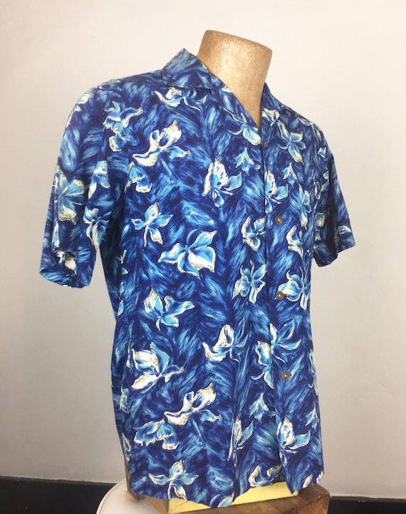 1950s Blue Cotton Floral Hawaiian Shirt S