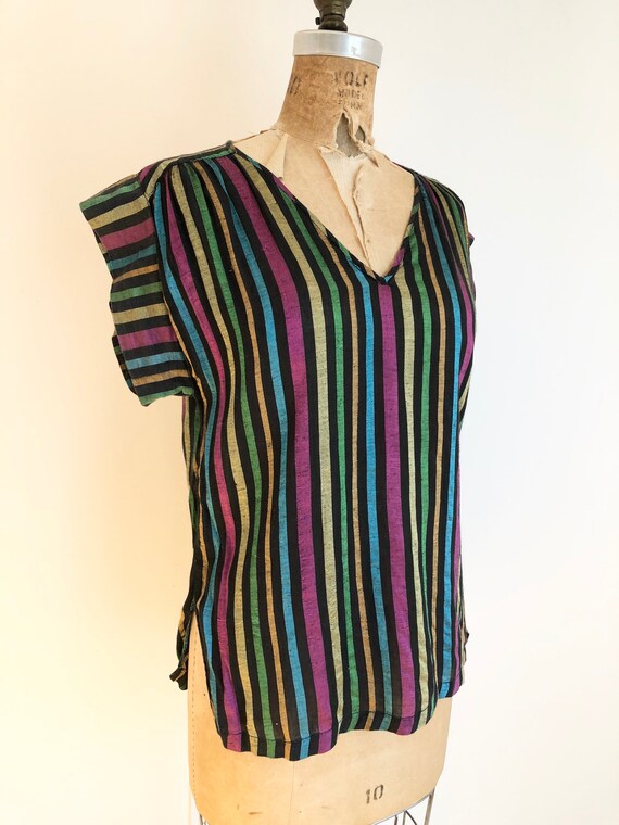 1970s Metallic Striped Indian Silk Shirt S