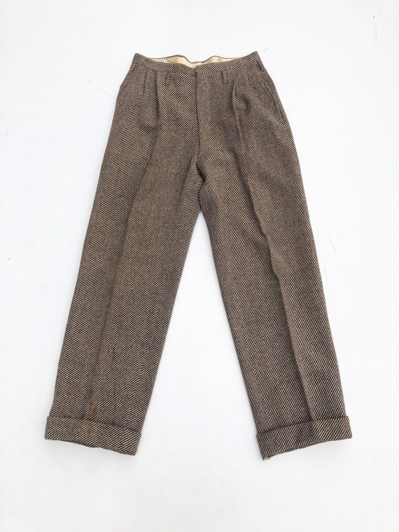 1940s Brown Wool Herringbone Tweed Pleated Trouser