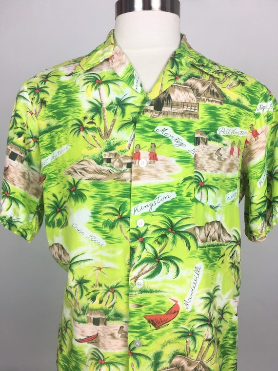 1960s Green Rayon Jamaican Souvenir Hawaiian Shir… - image 4