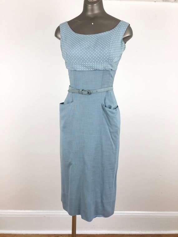 1950s Blue Linen Polka Dot Cotton Wiggle Dress Se… - image 2