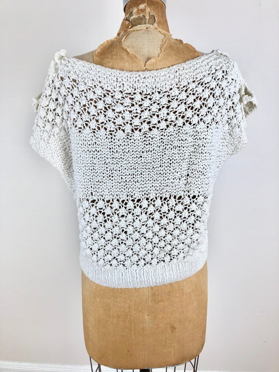 1970s White Chenille Crochet Tie Cold Shoulder To… - image 3