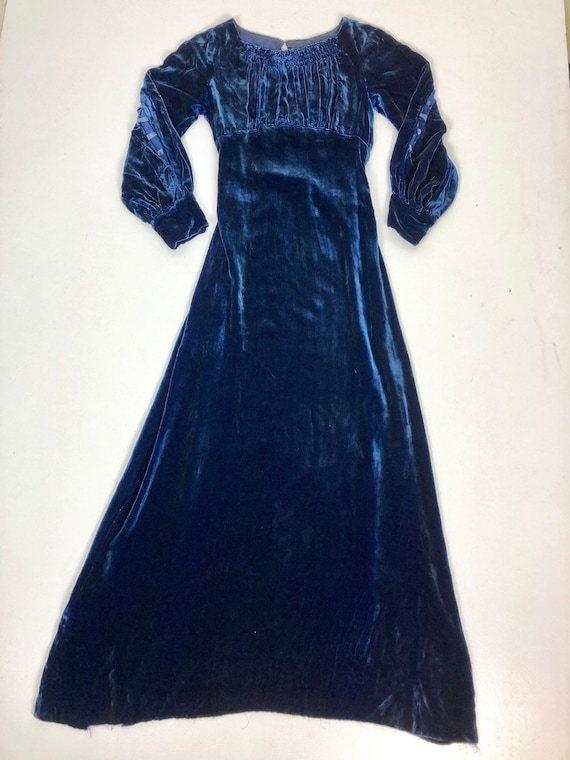 1930s Blue Silk Velvet Belted Art Deco Gown W/ In… - image 3