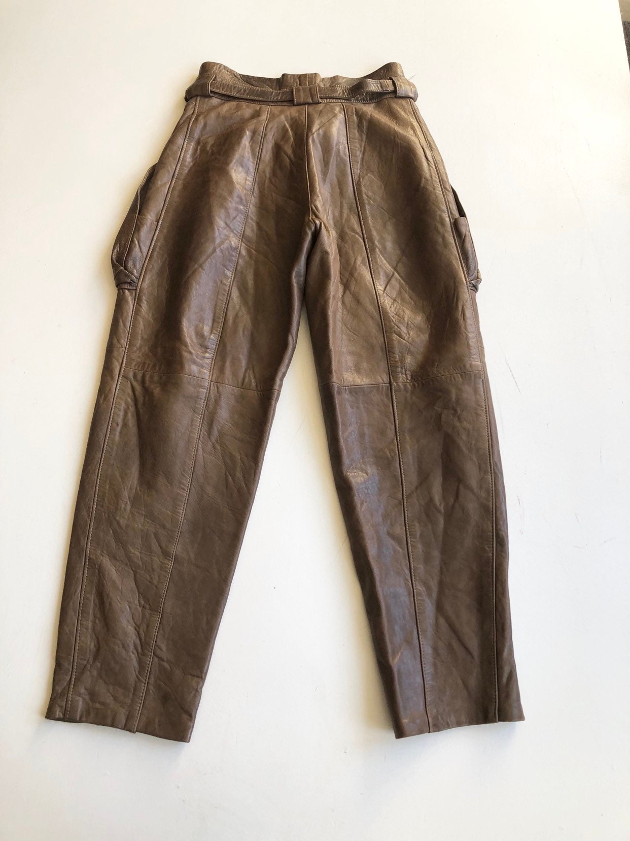 INCREDIBLE 1980s Brown Leather High Waisted Trousers 27 | Etsy