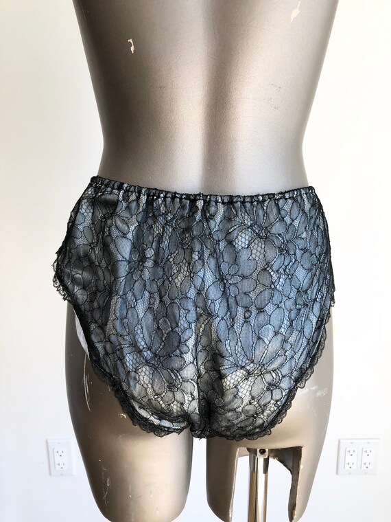 1960s Black Lace Blue Satin Peignoir Panty Set S M - image 6