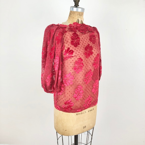 1970s Burnout Metallic Red Velvet Sheer Blouse S - image 1