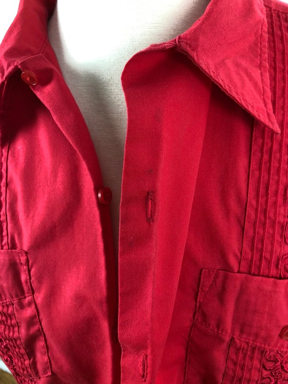 1980s Bright Red Guayabera Shirt L - image 7