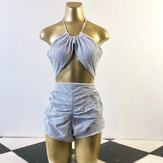 FANTASTIC 1940’s Blue Cotton Seersucker Bikini S