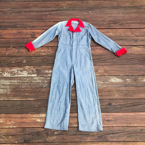 1970s Navy Herringbone Twill Cotton Coveralls W/ … - image 1