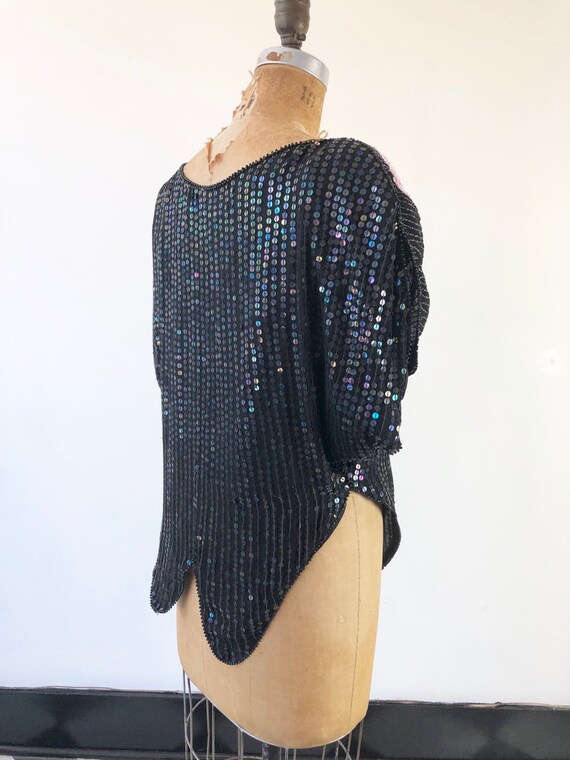 1980’s Sequined Flower Silk Blouse S - image 9