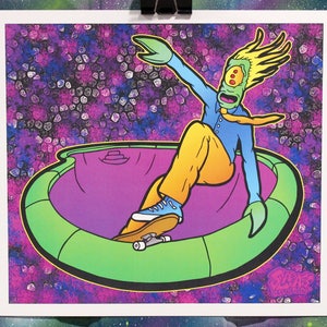 May include: A green, purple, and yellow illustration of a three-eyed alien skateboarding in a half-pipe. The alien has a yellow mohawk, a blue shirt, and orange pants. The background is a purple and black galaxy with white stars.