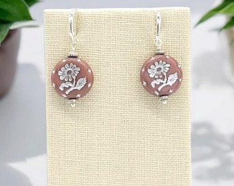 Mauve Silver Washed Flower Czech glass earrings