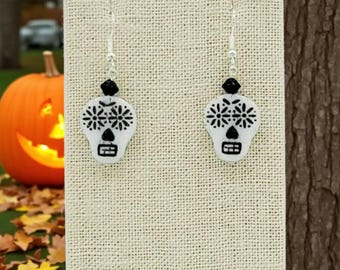 Glass Black and White Skull Earrings Halloween