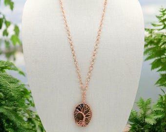 Rose Gold and Tigers Eye Tree of Life Necklace