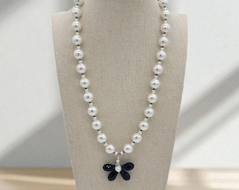 Blue Butterfly Necklace Pearls and glass beads