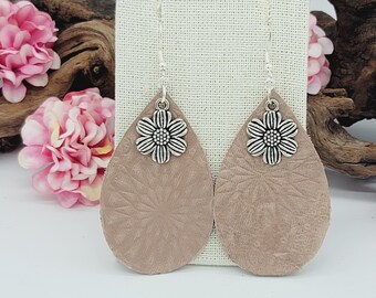 Light Pink Leather Flower Embossed Earrings