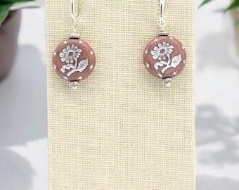 Mauve Silver Washed Flower Czech glass earrings