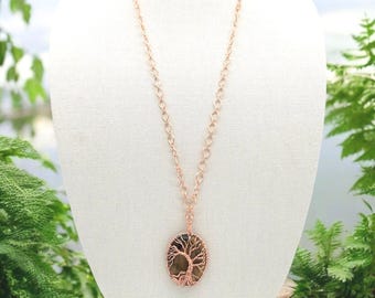 Rose Gold and Tigers Eye Tree of Life Necklace