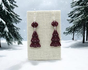Burgundy Poka Dot Polymer Clay Christmas Tree Earrings