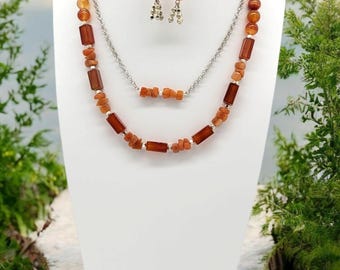 Sunset Necklace and Earrings made with Carnelian beads and chips with silver accents.