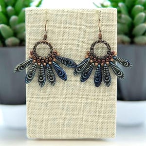 Peacock Dagger Bead Earrings - Copper Metal & Glass Seed Beads