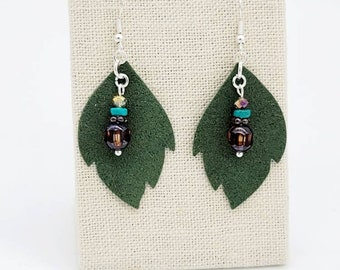 Suede Leaf and Rondelle Earrings