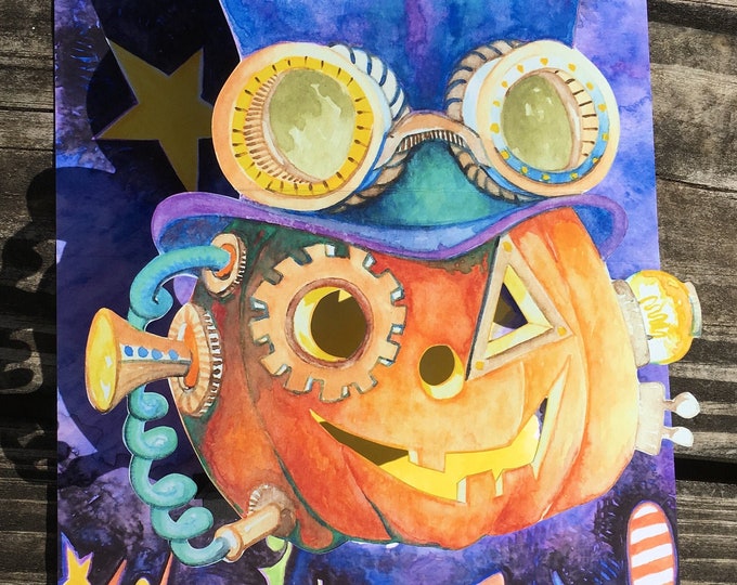 SteamPunk Halloween Pumpkin Wearing a Top Hat Pop UP 3 D Card