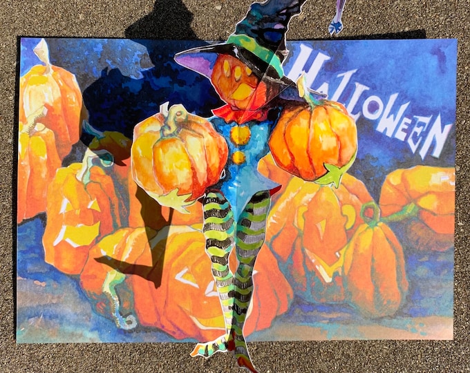 Halloween Pumpkin Person and Black Cat 3D PopUp Card with Gouache Illustrations and Handmade Construction