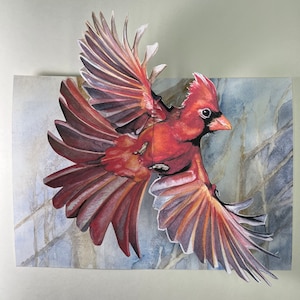 Bright Red Male Cardinal in full flight 3D PopUp Card