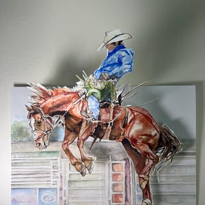 Cowboy on Bucking Bronco Popup Card: Handmade Gouache Painting