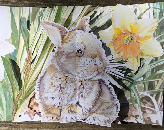 Bunny with Daffodils 3D PopUp card is suitable for Birthdays, Graduation, Easter and Spring Greetings