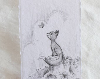 Little Fox and Butterfly Pencil Sketch