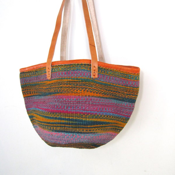 The Zahari Tote - Multi-color Handwoven Sisal Shoulder Bag with Leather Straps