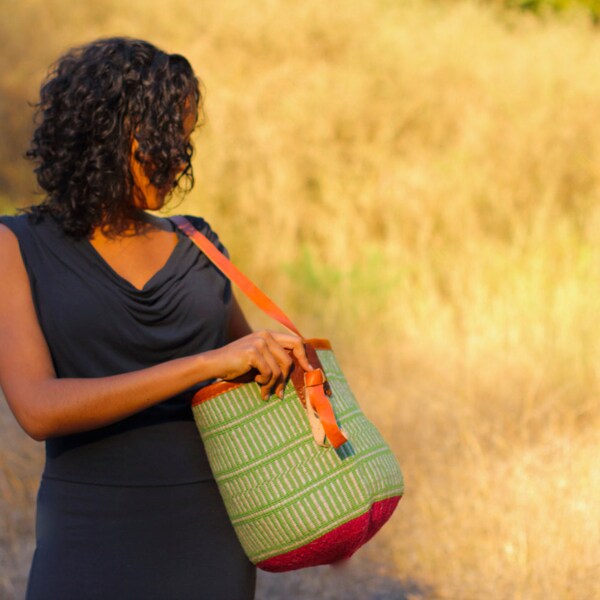 SALE // Wool Market Basket Traditional Strap // Hand Woven African Bag with Sage Green Pattern