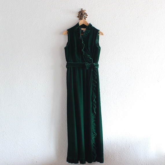 70s Vintage Emerald City Dress/ 70s Green Velvet L