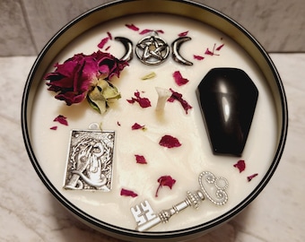 Hecate Ritual Candle, Cherry scented soy candle with black obsidian coffin and charms