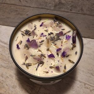 Transcend, Calm & Meditation Aiding, 8oz Intention Soy Candles, scented, with amethyst crystals and herbs, perfect for empaths, great gifts